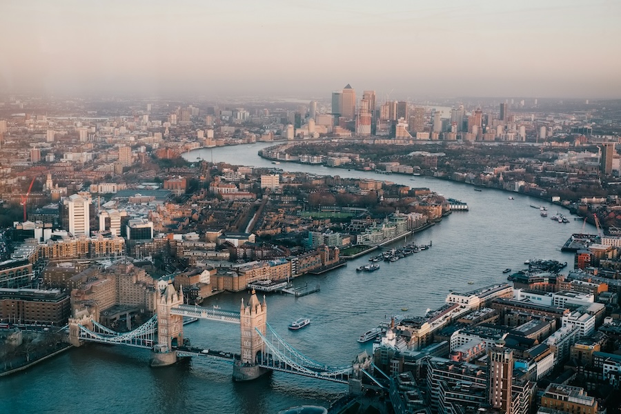 London skyline and Tower Bridge viewed across the River Thames