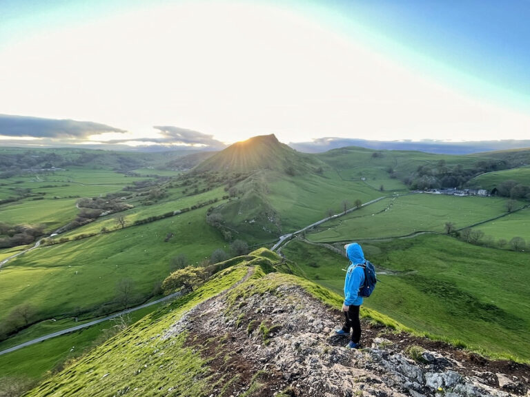 Chrome Hill ridge view in the Peak District with walker looking towards Parkhouse Hill