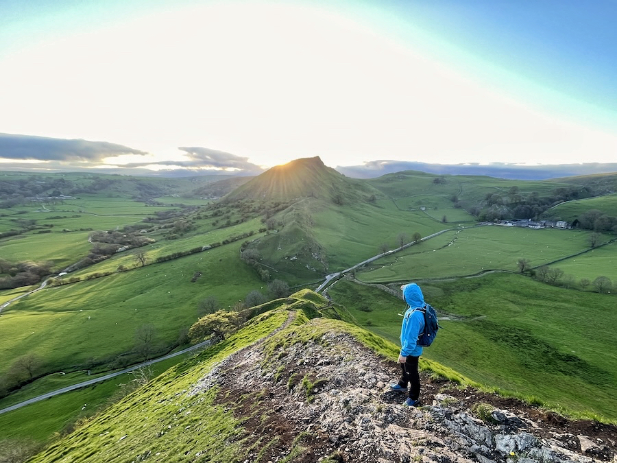Chrome Hill ridge view in the Peak District with walker looking towards Parkhouse Hill